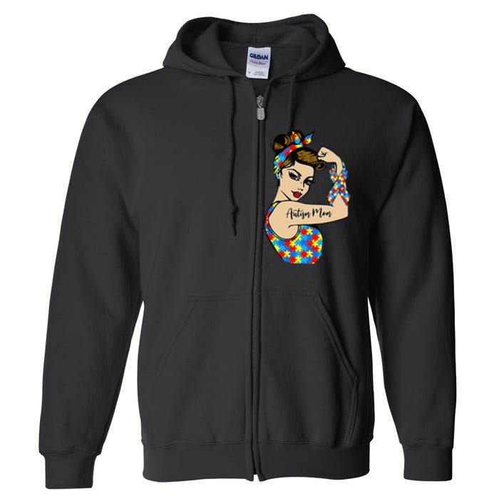 Autism Mom Unbreakable Rosie The Riveter Strong Woman Power Full Zip Hoodie