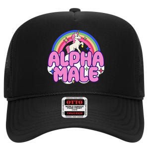 Alpha Male Unicorn Funny Sarcastic Ironic Weird Y2K Humor High Crown Mesh Back Trucker Hat