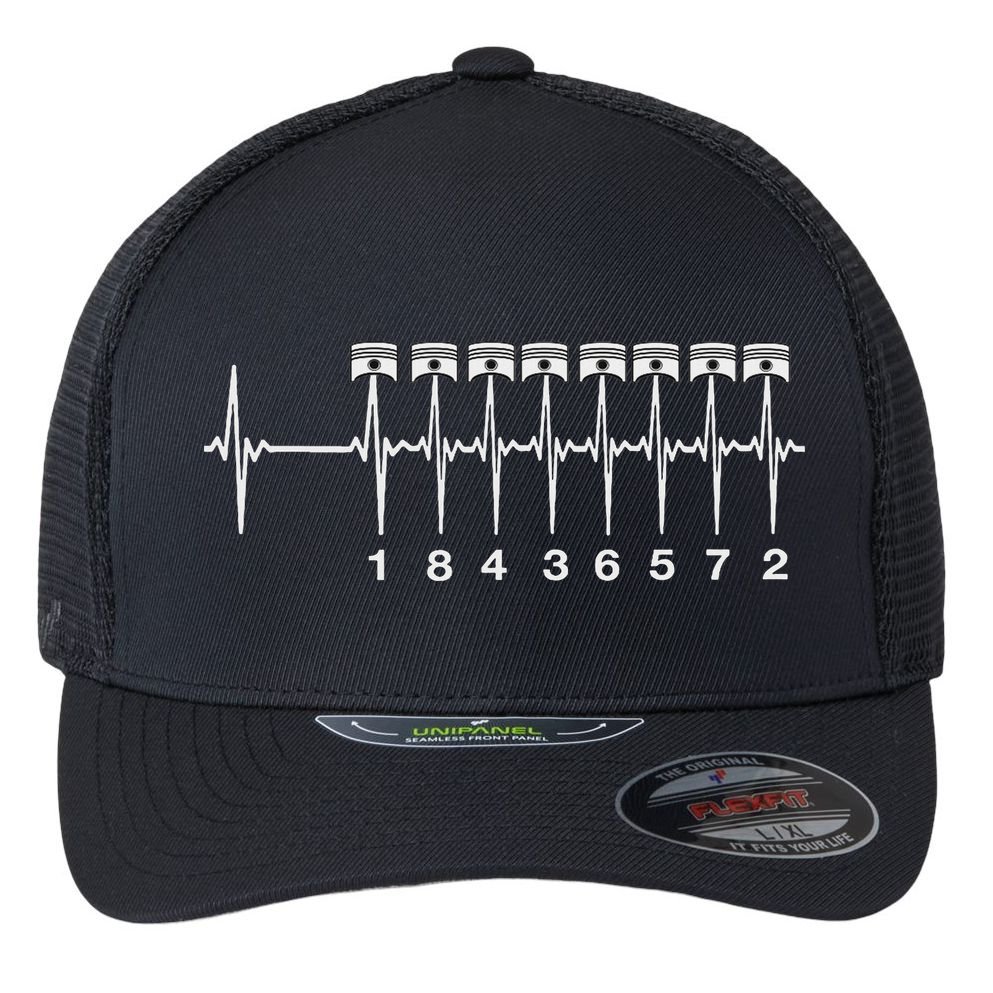 American Muscle V 8 Car Engine 18436572 Heart Beat Ecg Flexfit Unipanel Trucker Cap