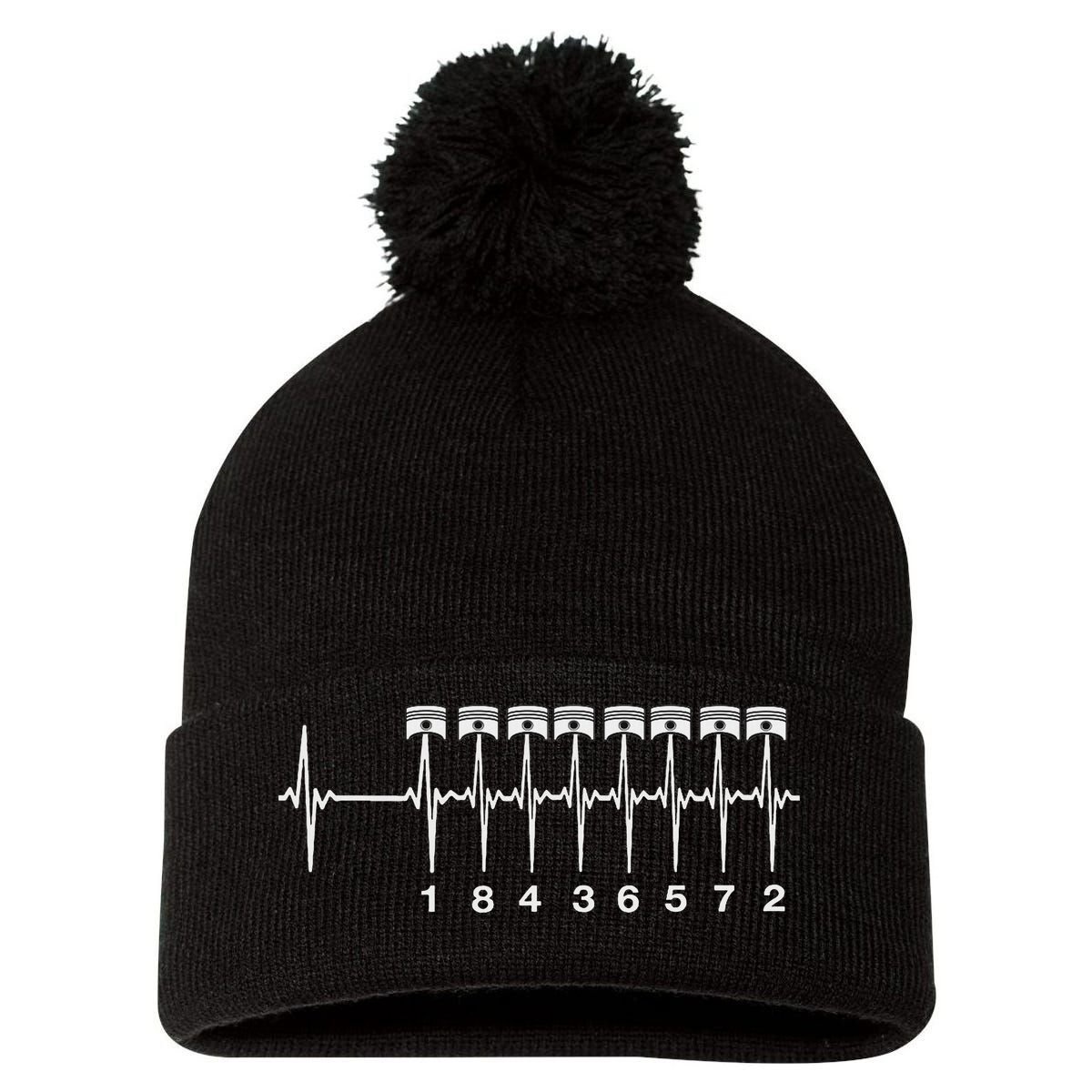 American Muscle V 8 Car Engine 18436572 Heart Beat Ecg Pom Pom 12in Knit Beanie