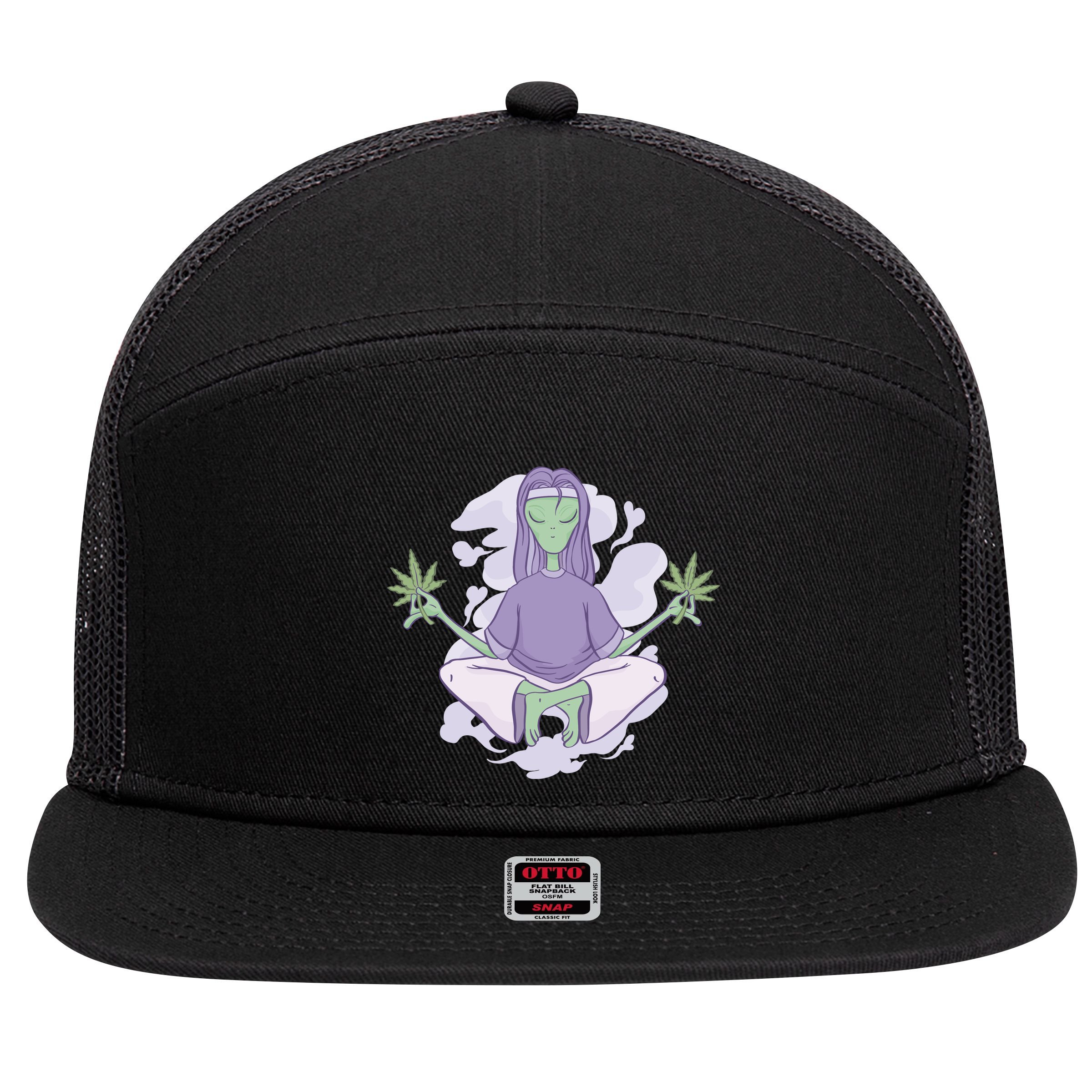 Alien Meditating Weed 7 Panel Mesh Trucker Snapback Hat