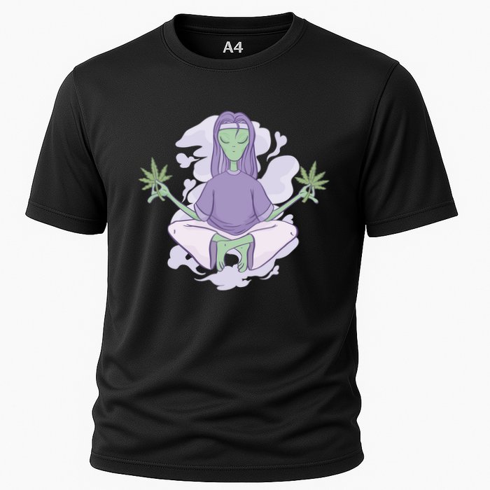 Alien Meditating Weed Cooling Performance Crew T-Shirt