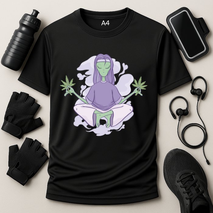 Alien Meditating Weed Cooling Performance Crew T-Shirt
