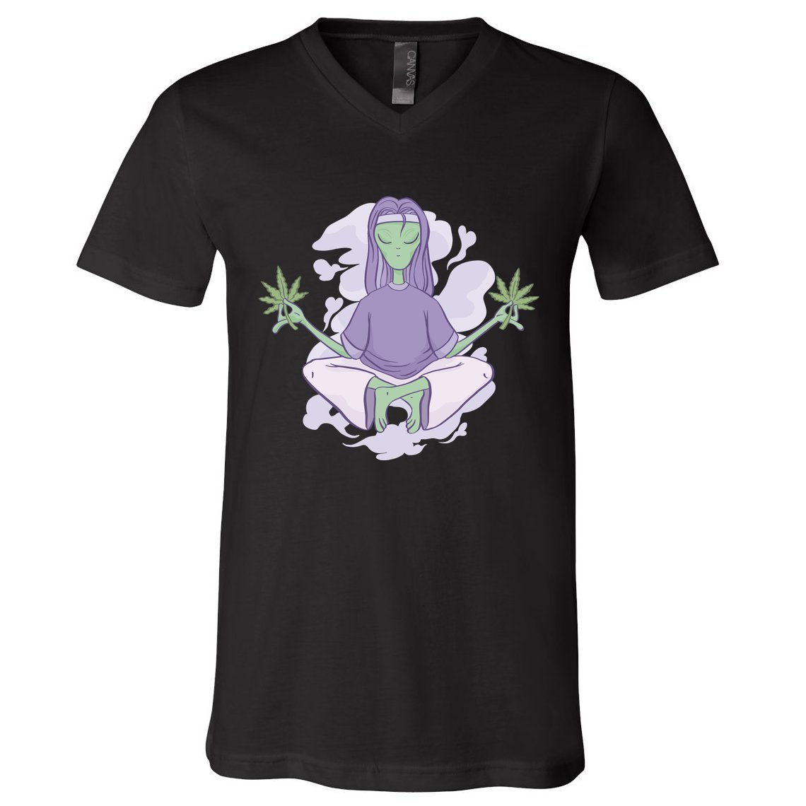 Alien Meditating Weed V-Neck T-Shirt