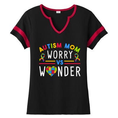 Autism Mom Worry Vs Wonder Support Month Cool Gift Ladies Halftime Notch Neck Tee