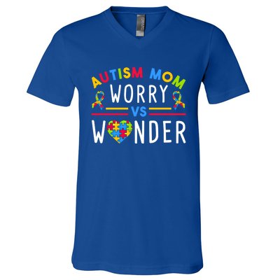 Autism Mom Worry Vs Wonder Support Month Cool Gift V-Neck T-Shirt