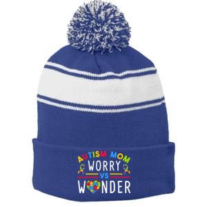 Autism Mom Worry Vs Wonder Support Month Cool Gift Stripe Pom Pom Beanie