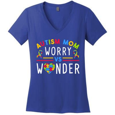 Autism Mom Worry Vs Wonder Support Month Cool Gift Women's V-Neck T-Shirt