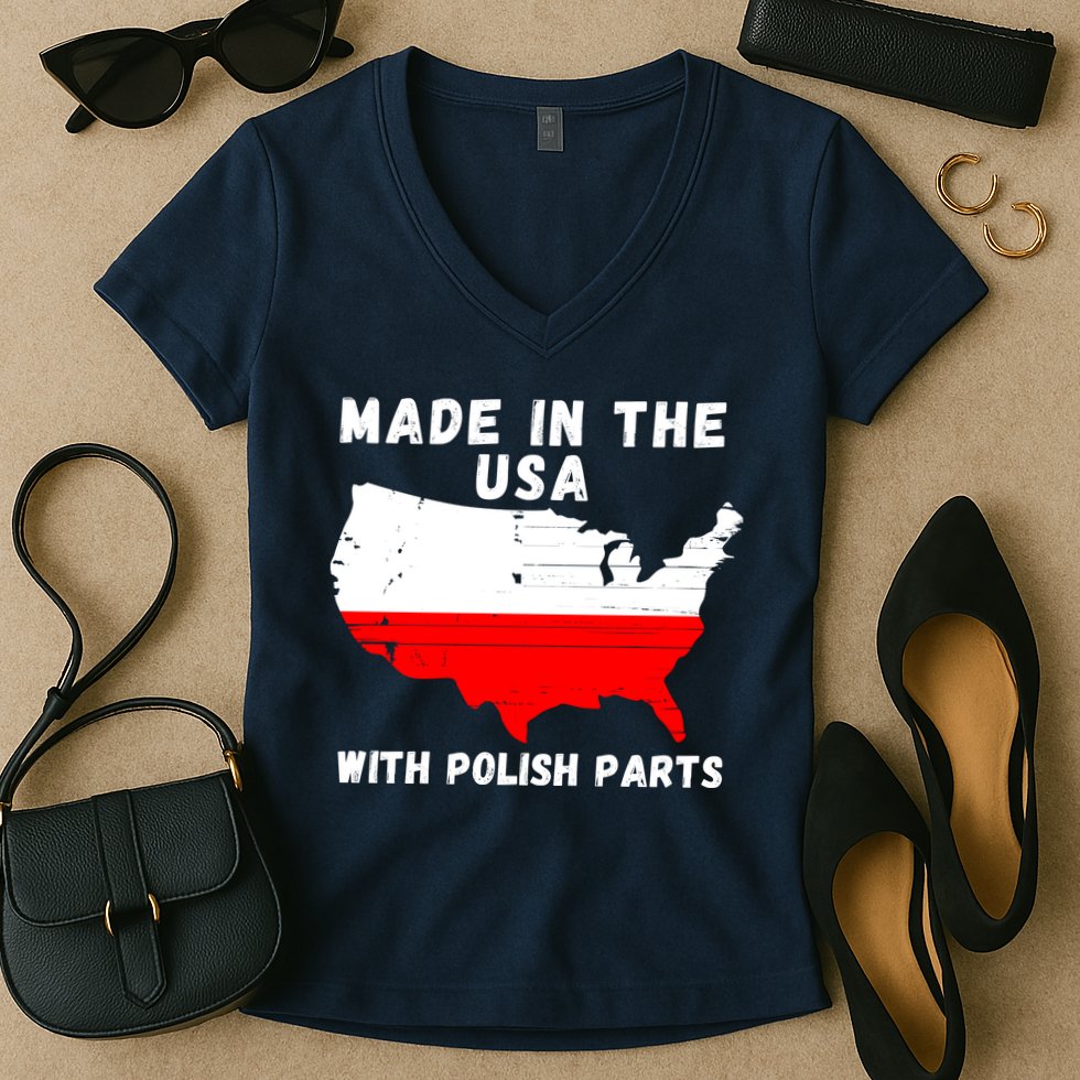 American Made With Polish Parts Polish Pride Poland USA Women's V-Neck T-Shirt