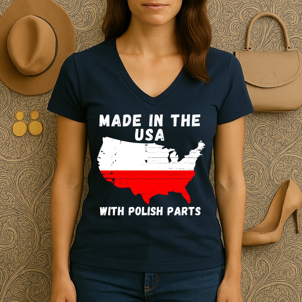 American Made With Polish Parts Polish Pride Poland USA Women's V-Neck T-Shirt