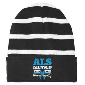 ALS Messed With The Wrong Family ALS Awareness Support Squad Striped Beanie with Solid Band