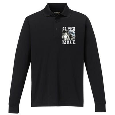 Alpha Male Wolf Meme Ironic Brainrot Performance Long Sleeve Polo