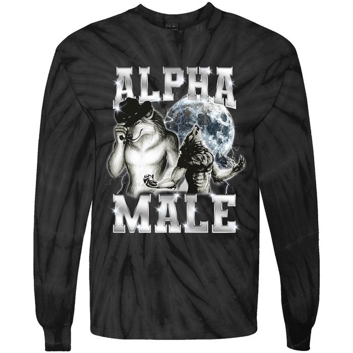 Alpha Male Wolf Meme Ironic Brainrot Tie-Dye Long Sleeve Shirt