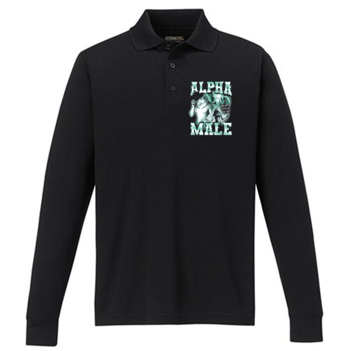 Alpha Male Wolf Meme Performance Long Sleeve Polo