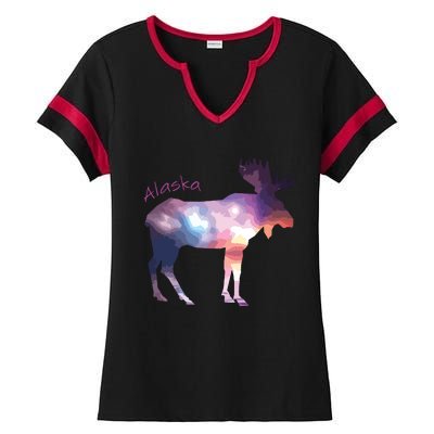 Alaska Moose Within The Borealis And The Polar Sky Ladies Halftime Notch Neck Tee