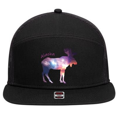 Alaska Moose Within The Borealis And The Polar Sky 7 Panel Mesh Trucker Snapback Hat
