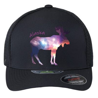Alaska Moose Within The Borealis And The Polar Sky Flexfit Unipanel Trucker Cap