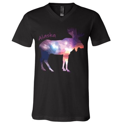 Alaska Moose Within The Borealis And The Polar Sky V-Neck T-Shirt