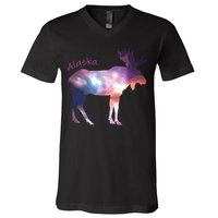 Alaska Moose Within The Borealis And The Polar Sky V-Neck T-Shirt
