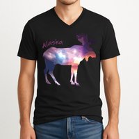 Alaska Moose Within The Borealis And The Polar Sky V-Neck T-Shirt