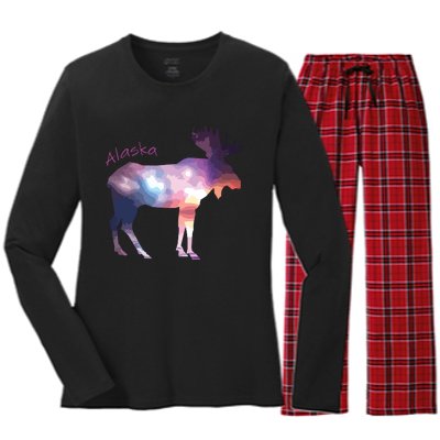 Alaska Moose Within The Borealis And The Polar Sky Women's Long Sleeve Flannel Pajama Set 