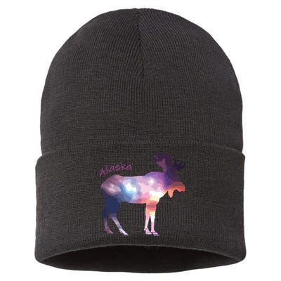 Alaska Moose Within The Borealis And The Polar Sky Sustainable Knit Beanie