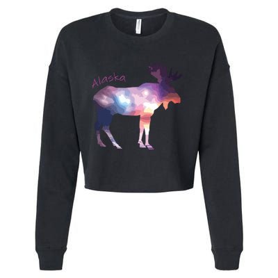 Alaska Moose Within The Borealis And The Polar Sky Cropped Pullover Crew