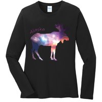 Alaska Moose Within The Borealis And The Polar Sky Ladies Long Sleeve Shirt