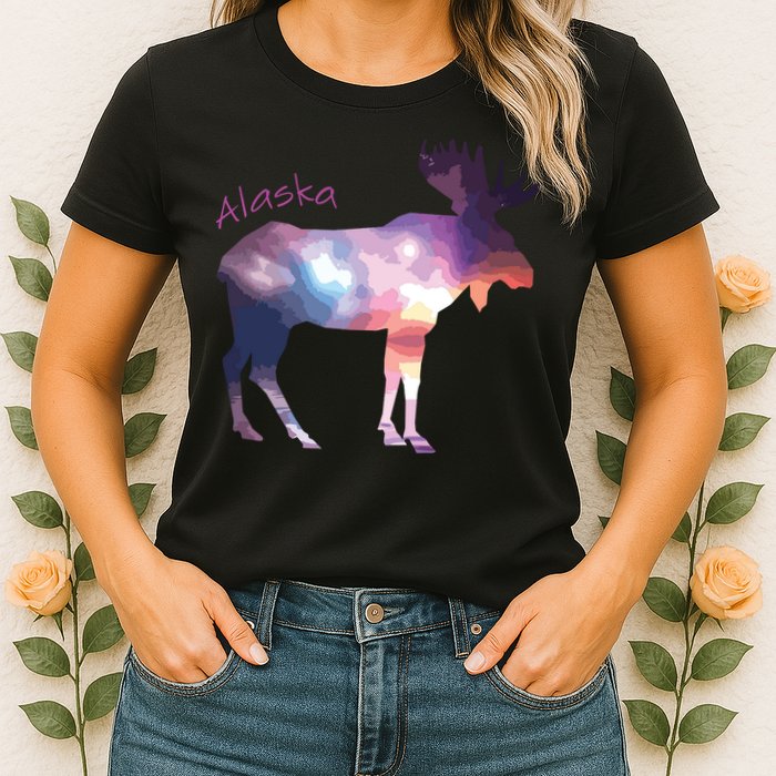 Alaska Moose Within The Borealis And The Polar Sky Womens T-Shirt