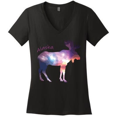 Alaska Moose Within The Borealis And The Polar Sky Women's V-Neck T-Shirt