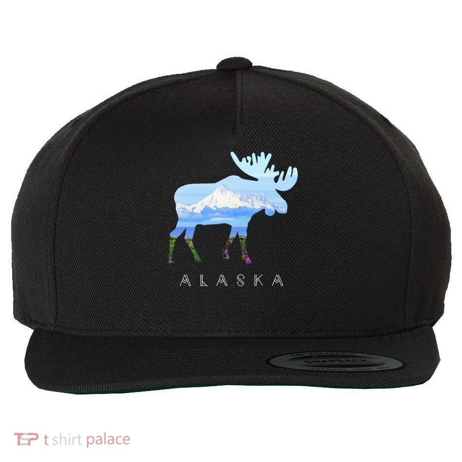 Alaskan Moose With Mountain & Flowers Souvenir Wool Snapback Cap