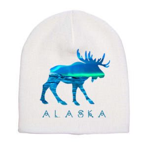 Alaskan Moose With A.U.R.O.R.A Borealis Snow Scene Short Acrylic Beanie