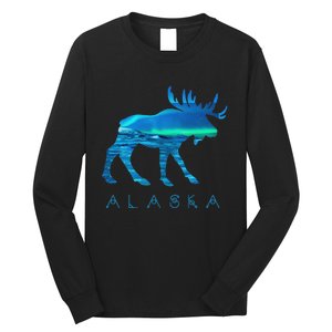 Alaskan Moose With A.U.R.O.R.A Borealis Snow Scene Long Sleeve Shirt