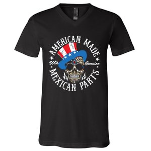 American Made With Genuine Mexican Parts Skull V-Neck T-Shirt