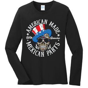 American Made With Genuine Mexican Parts Skull Ladies Long Sleeve Shirt