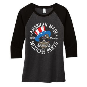 American Made With Genuine Mexican Parts Skull Women's Tri-Blend 3/4-Sleeve Raglan Shirt