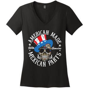 American Made With Genuine Mexican Parts Skull Women's V-Neck T-Shirt