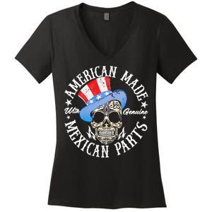 American Made With Genuine Mexican Parts Skull Women's V-Neck T-Shirt