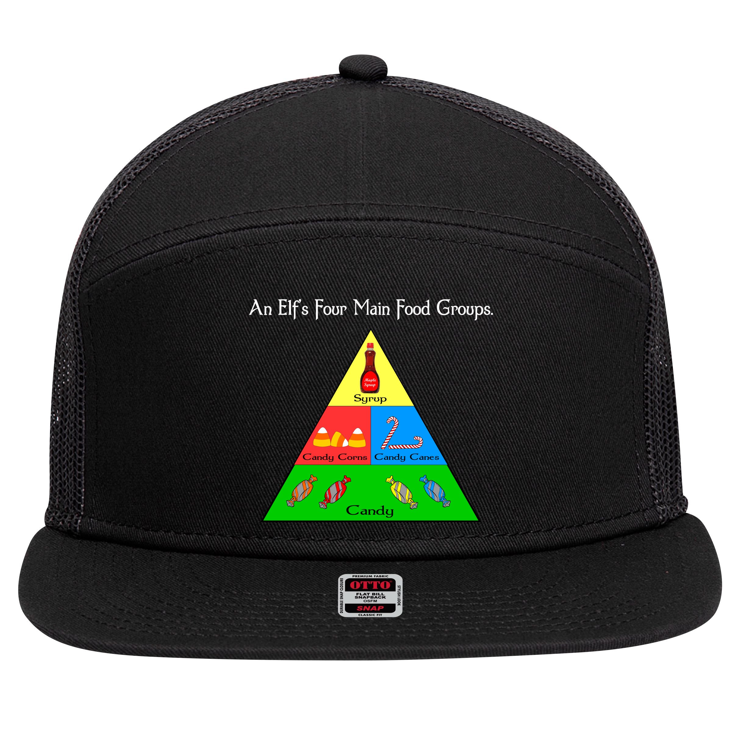 An Elf's Four Main Food Groups 7 Panel Mesh Trucker Snapback Hat