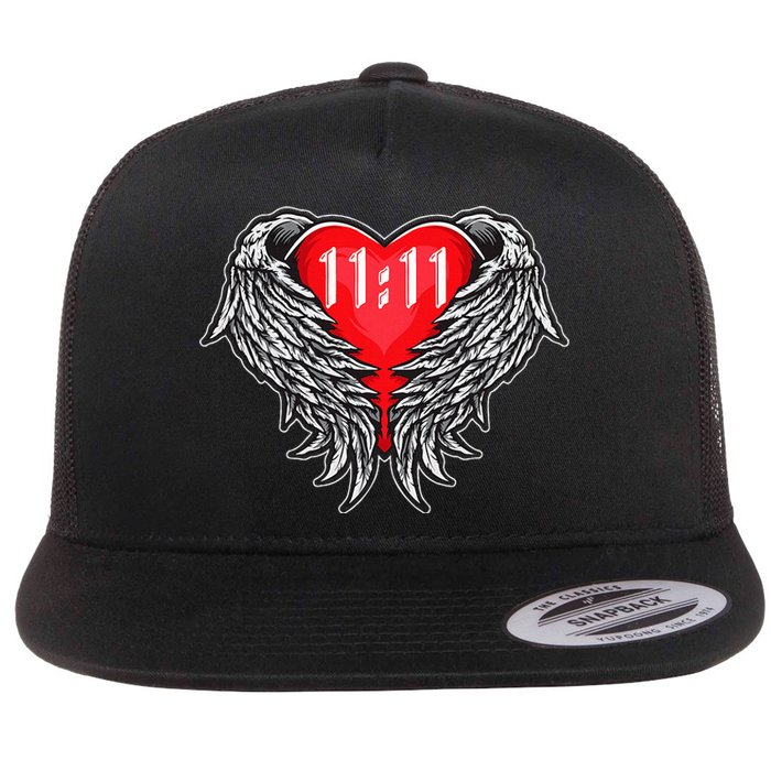 Angel Number 1111 With Heart And Wings Of Angel Flat Bill Trucker Hat