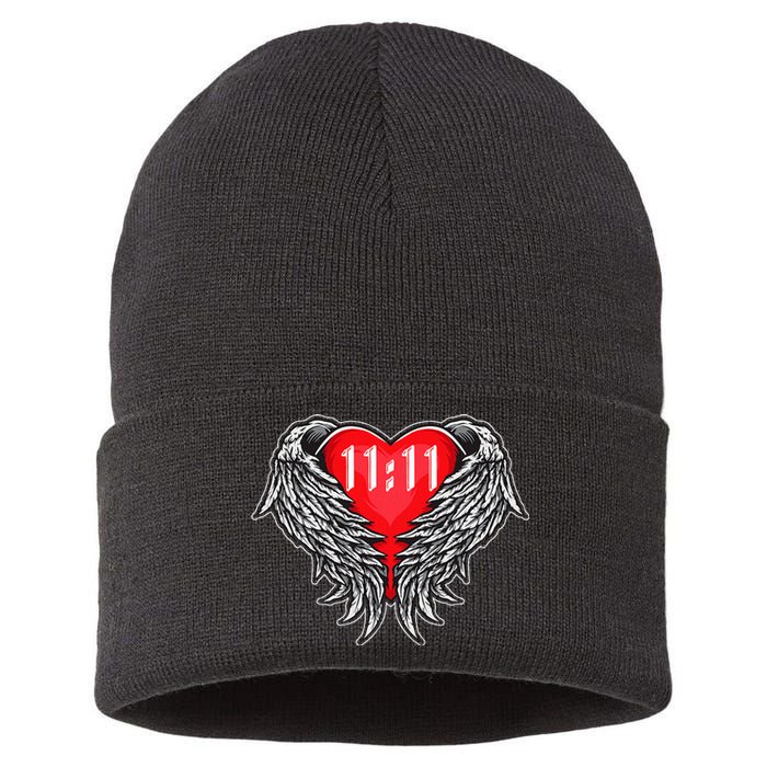 Angel Number 1111 With Heart And Wings Of Angel Sustainable Knit Beanie