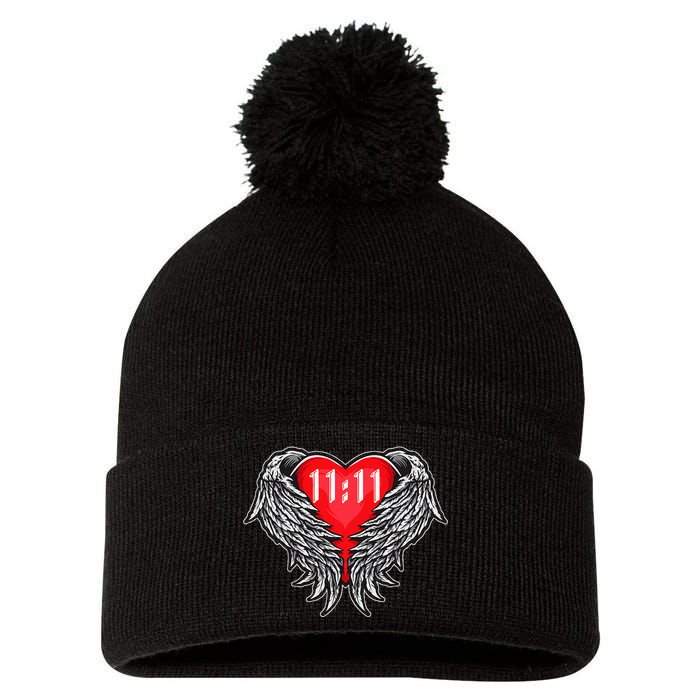 Angel Number 1111 With Heart And Wings Of Angel Pom Pom 12in Knit Beanie