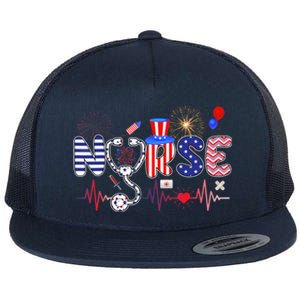 American Nurse 4th of July Nurse Stethoscope Heartbeat Flat Bill Trucker Hat