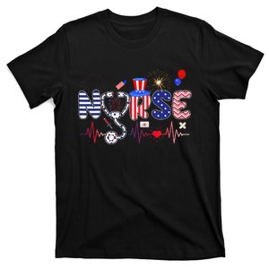 American Nurse 4th Of July Nurse Stethoscope Heartbeat T-Shirt