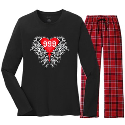 Angel Number 999 With Heart And Wings Of Angel  Women's Long Sleeve Flannel Pajama Set 