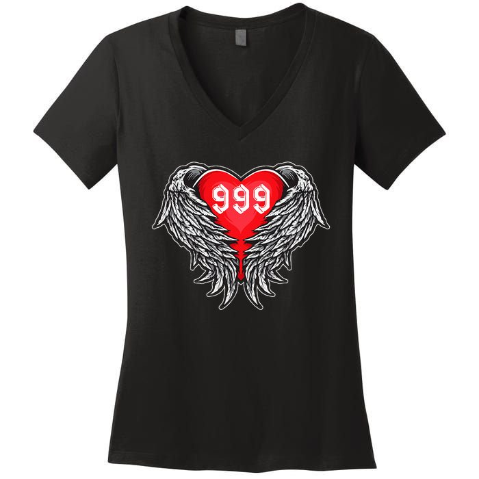 Angel Number 999 With Heart And Wings Of Angel  Women's V-Neck T-Shirt