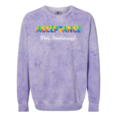 Acceptance Not Awareness Autism Support Puzzle Pieces Gift Colorblast Crewneck Sweatshirt