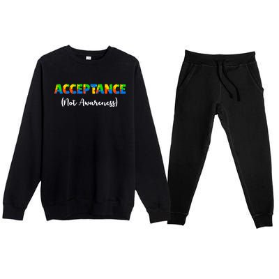 Acceptance Not Awareness Autism Support Puzzle Pieces Gift Premium Crewneck Sweatsuit Set