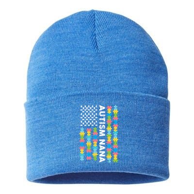 Autism Nana Awareness I'm A Proud Grandmother Retro Us Flag Cute Gift Sustainable Knit Beanie