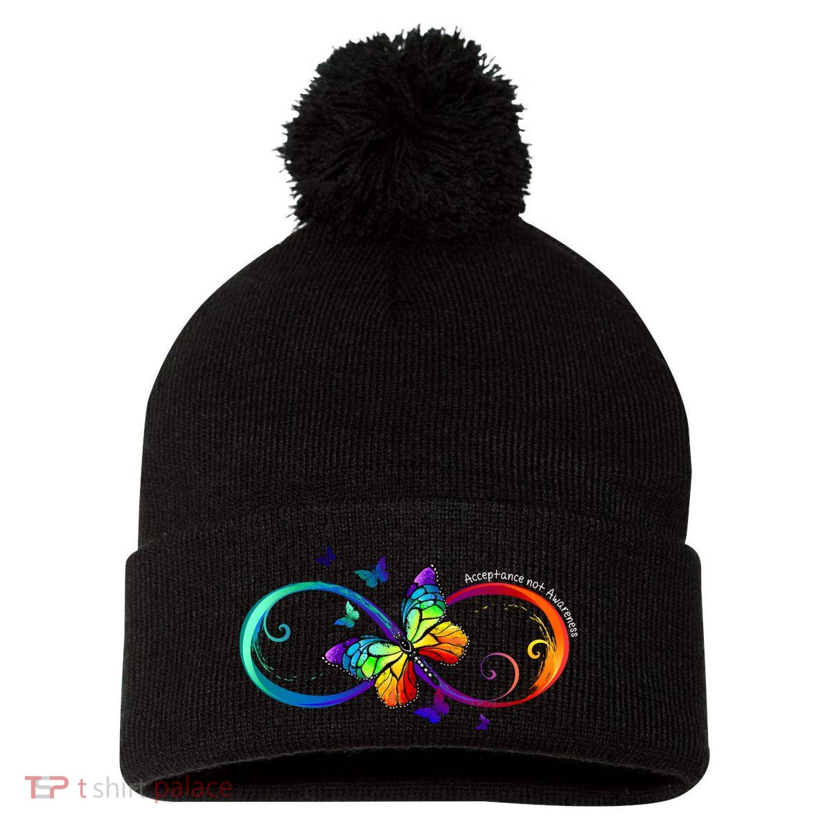 Acceptance Not Awareness Butterfly Pom Pom 12in Knit Beanie